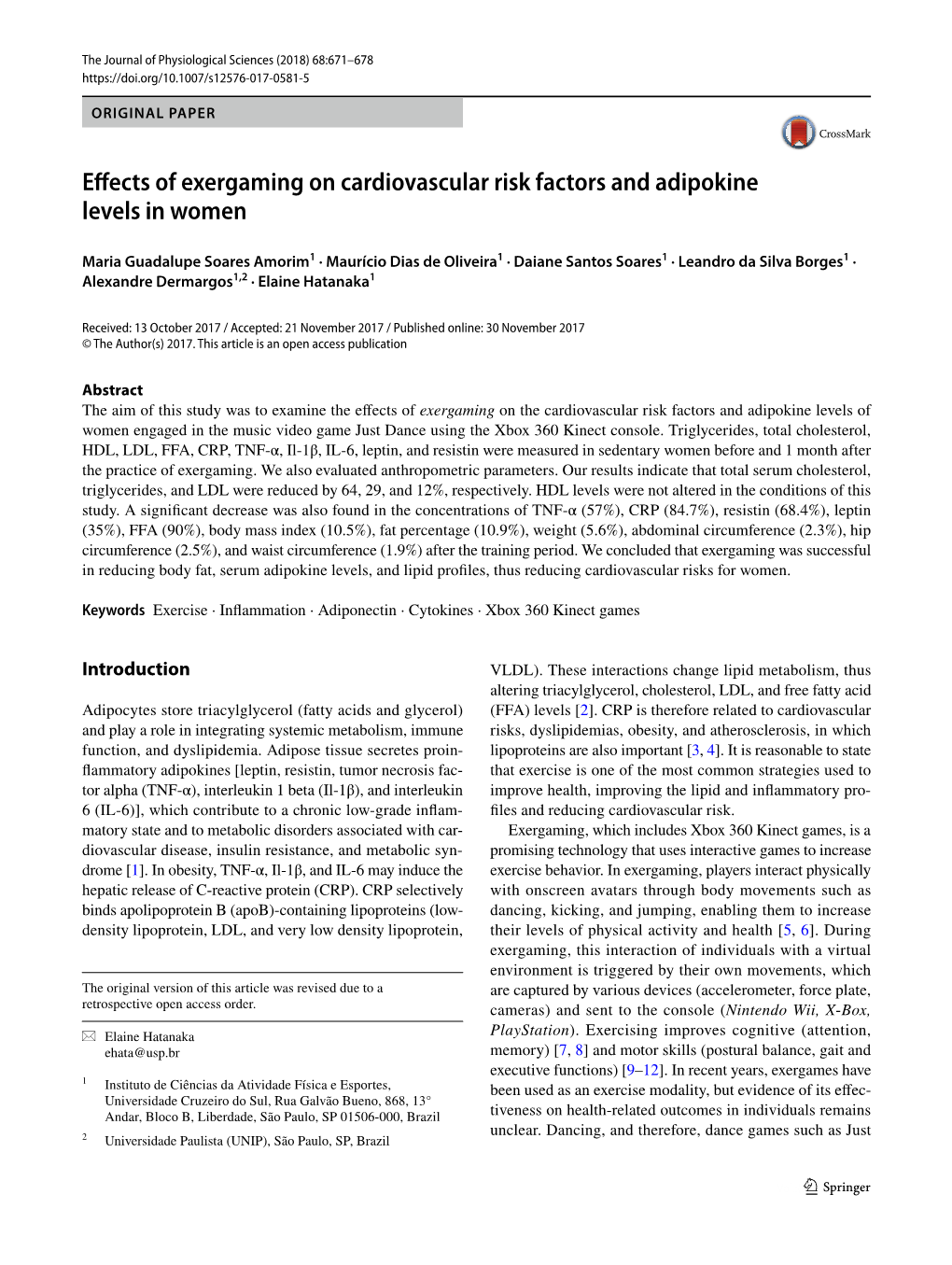 Effects of Exergaming on Cardiovascular Risk Factors And