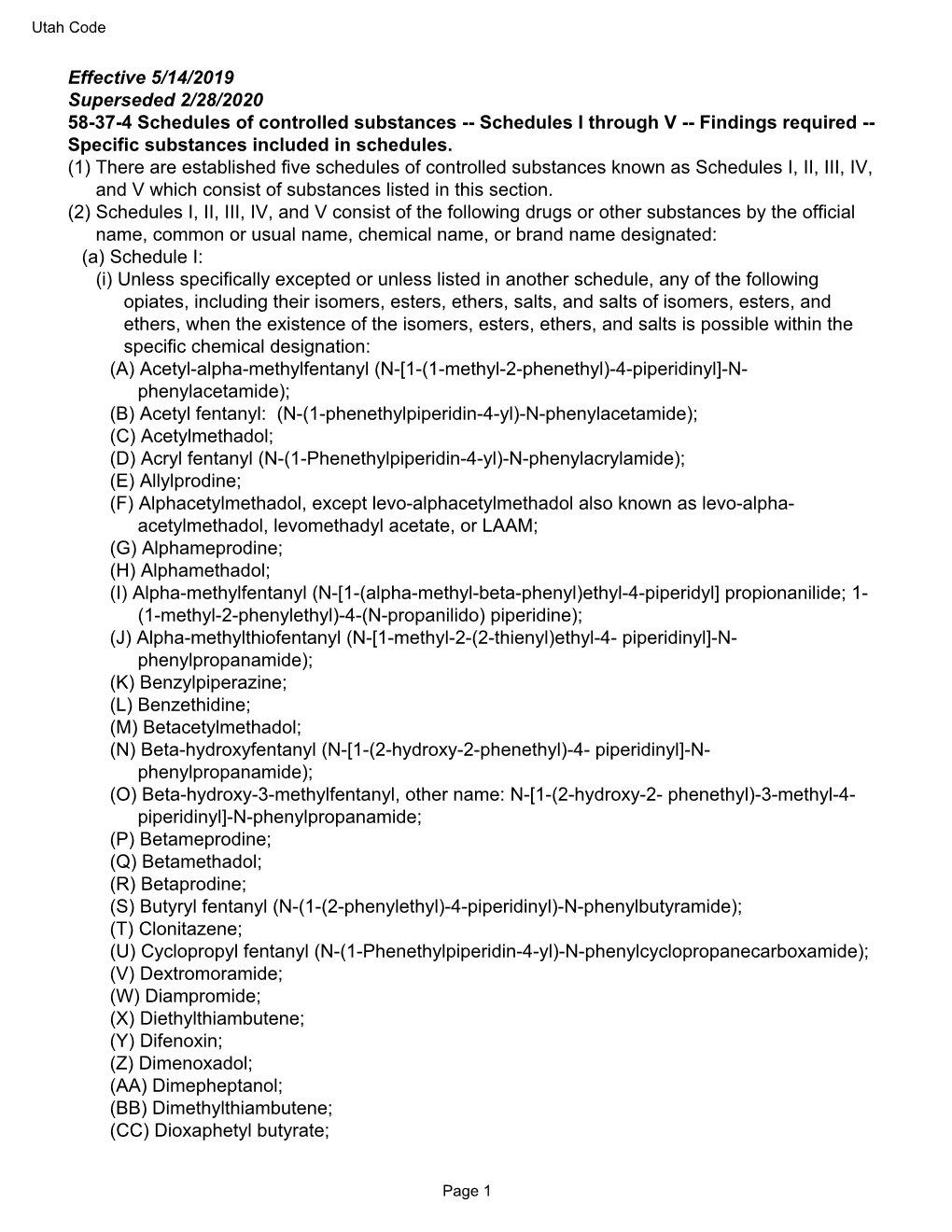 Effective 5/14/2019 Superseded 2/28/2020 58-37-4 Schedules Of