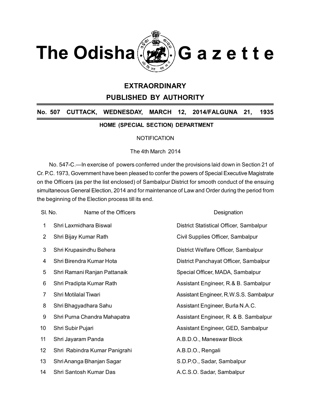 The Odisha G a Z E T T E