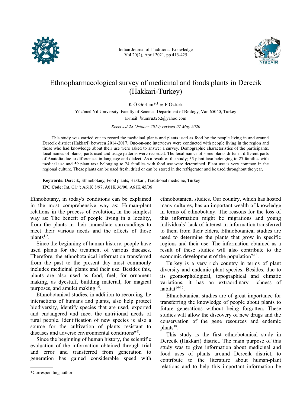 Ethnopharmacological Survey of Medicinal and Foods Plants in Derecik (Hakkari-Turkey)