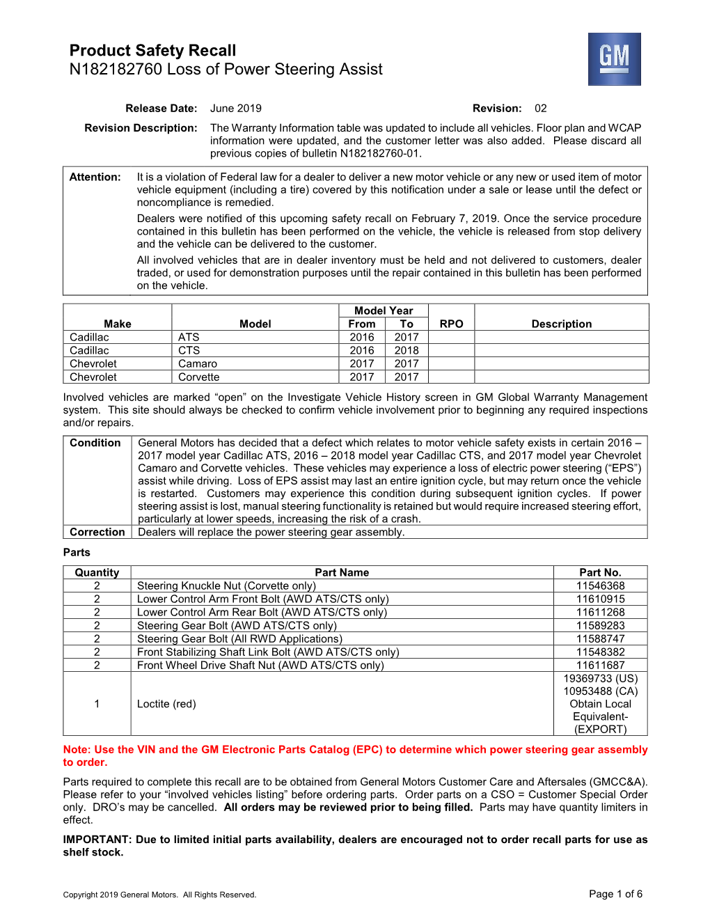 Product Safety Recall N182182760 Loss of Power Steering Assist