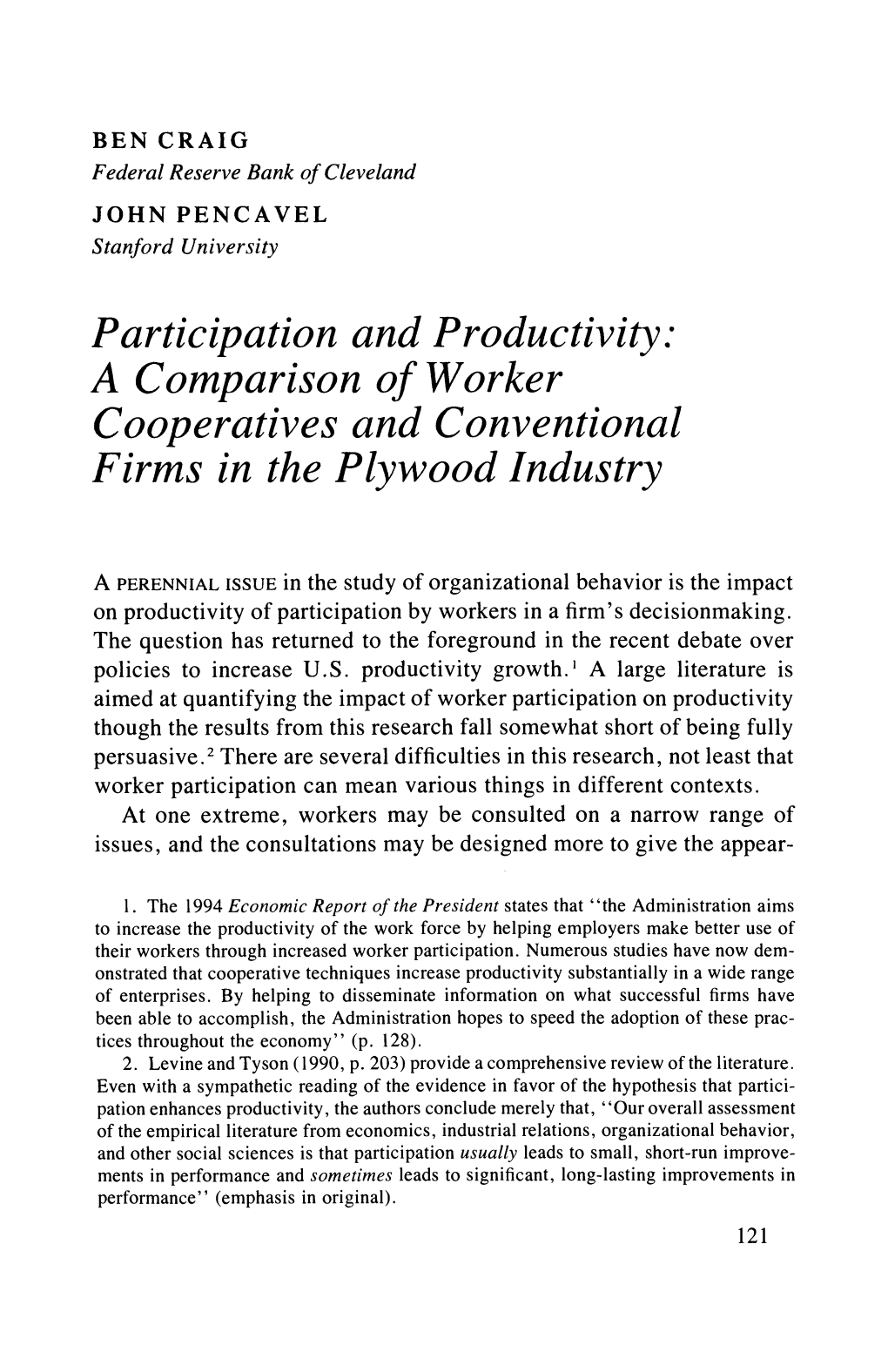 A Comparison of Worker Cooperatives and Conventional Firms in the Plywood Industry