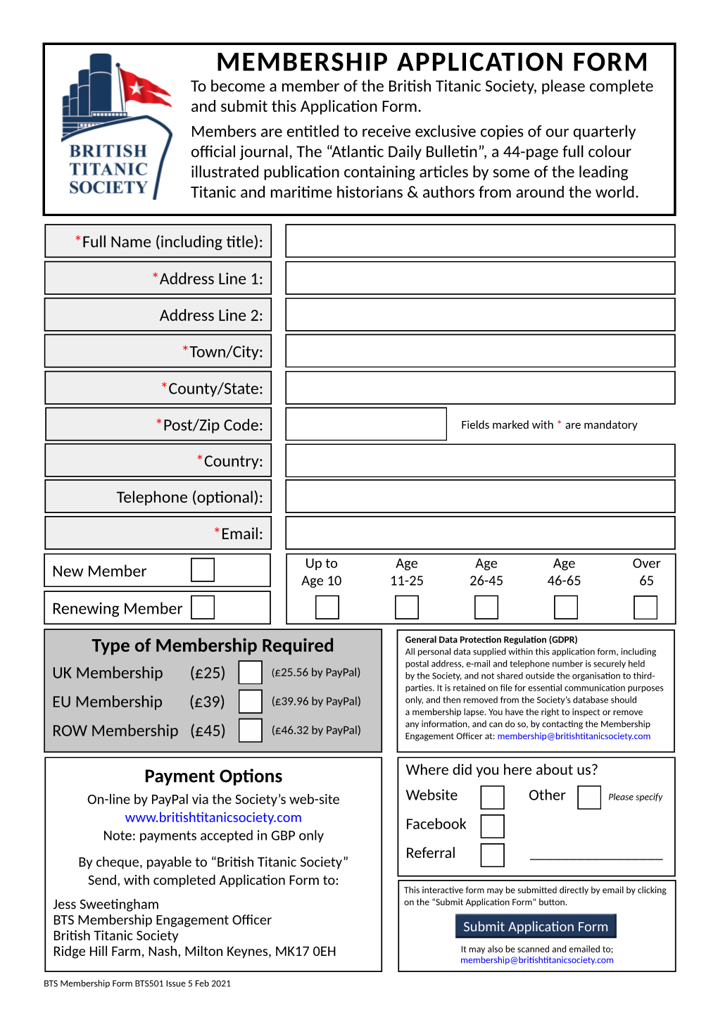 MEMBERSHIP APPLICATION FORM to Become a Member of the British Titanic Society, Please Complete and Submit This Application Form