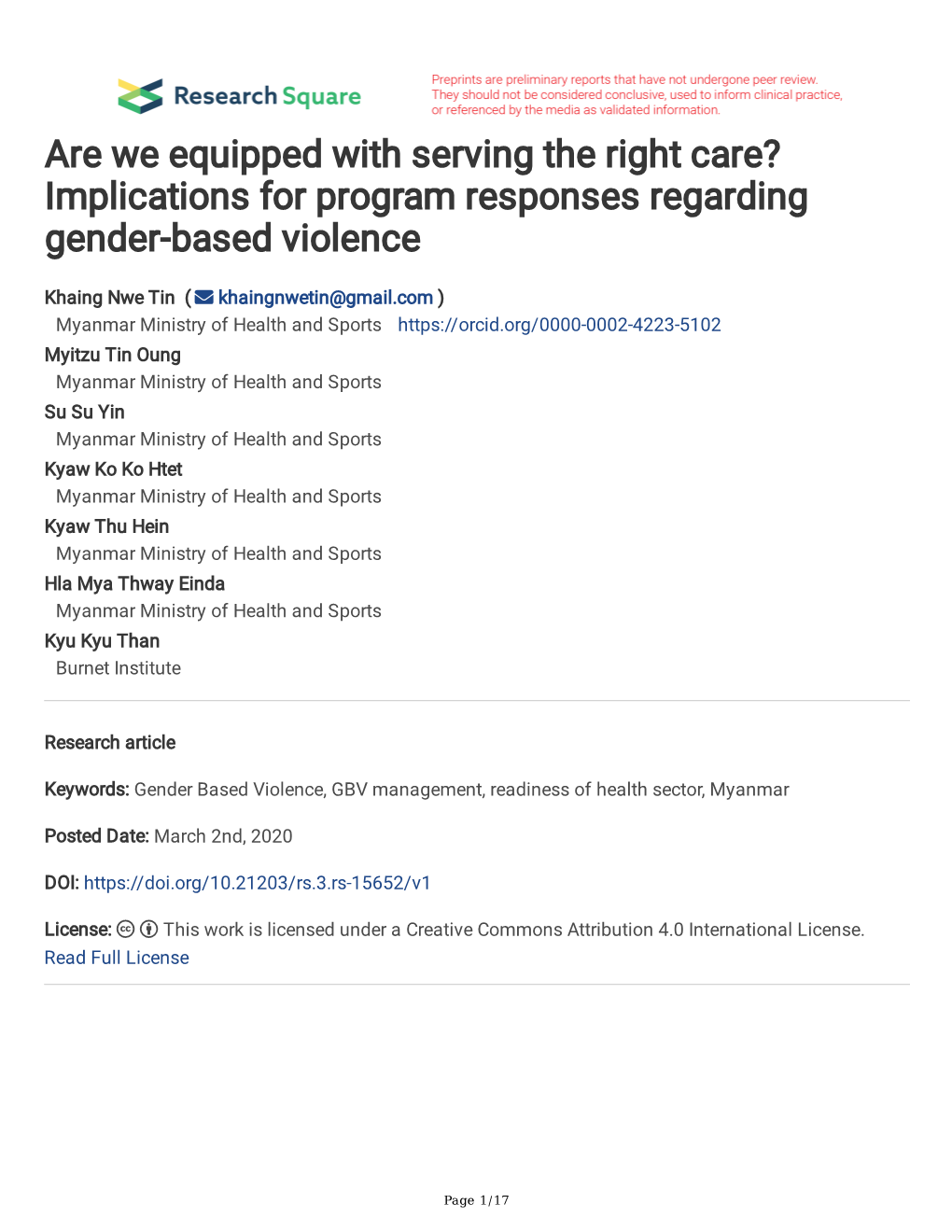 Are We Equipped with Serving the Right Care? Implications for Program Responses Regarding Gender- Based Violence