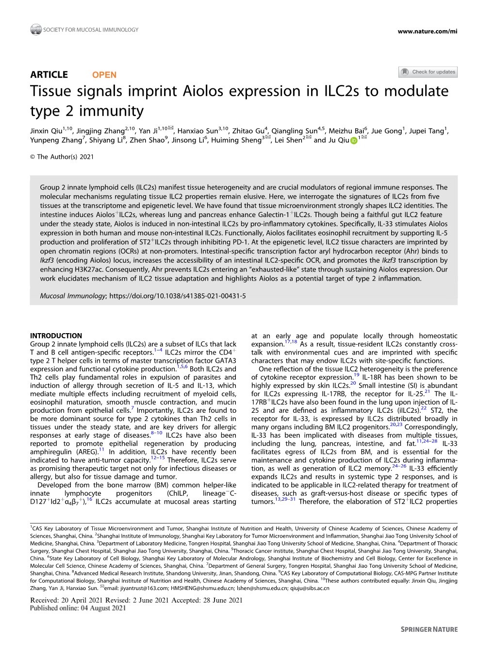 Tissue Signals Imprint Aiolos Expression in Ilc2s to Modulate Type 2 Immunity