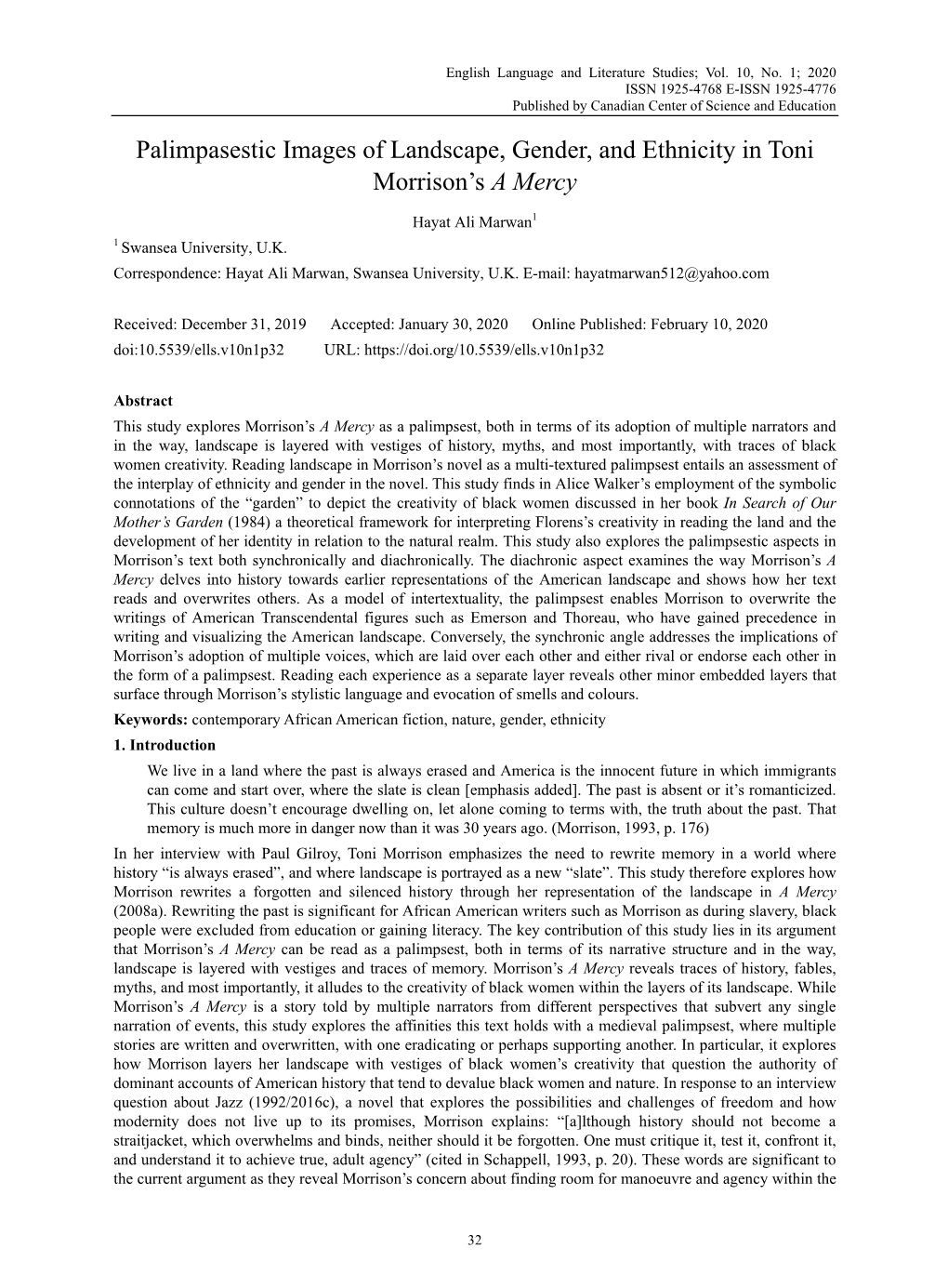 Palimpasestic Images of Landscape, Gender, and Ethnicity in Toni Morrison’S a Mercy