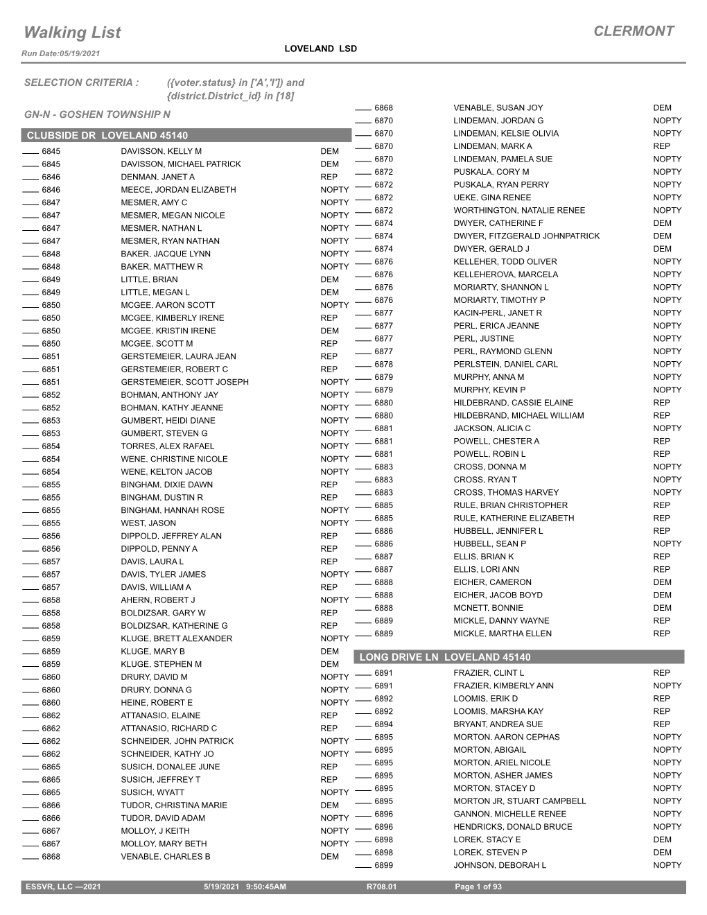 Walking List CLERMONT LOVELAND LSD Run Date:05/19/2021