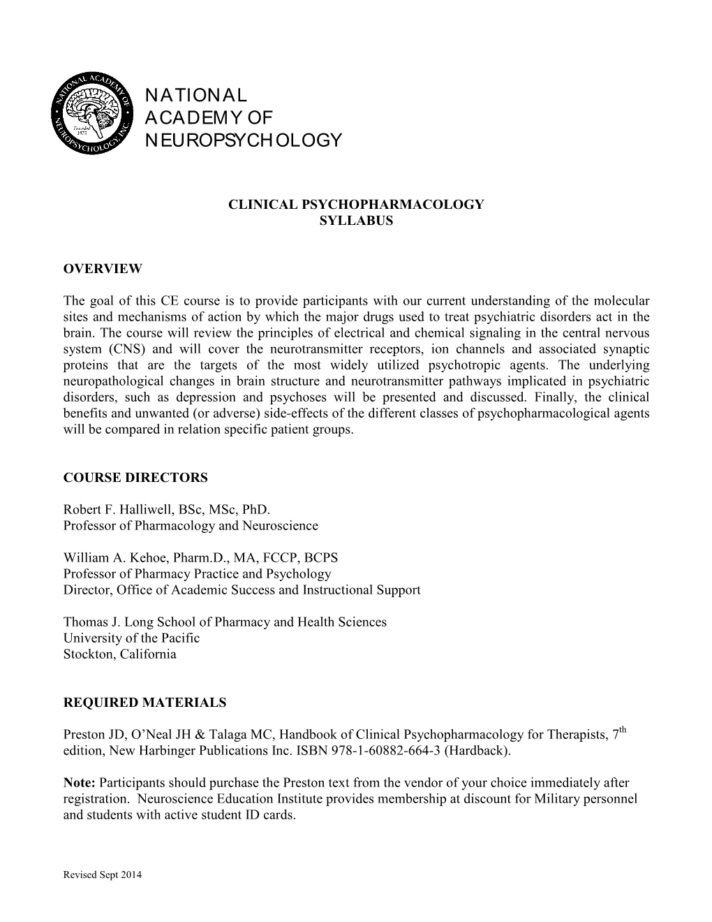 Clinical Psychopharmacology Syllabus