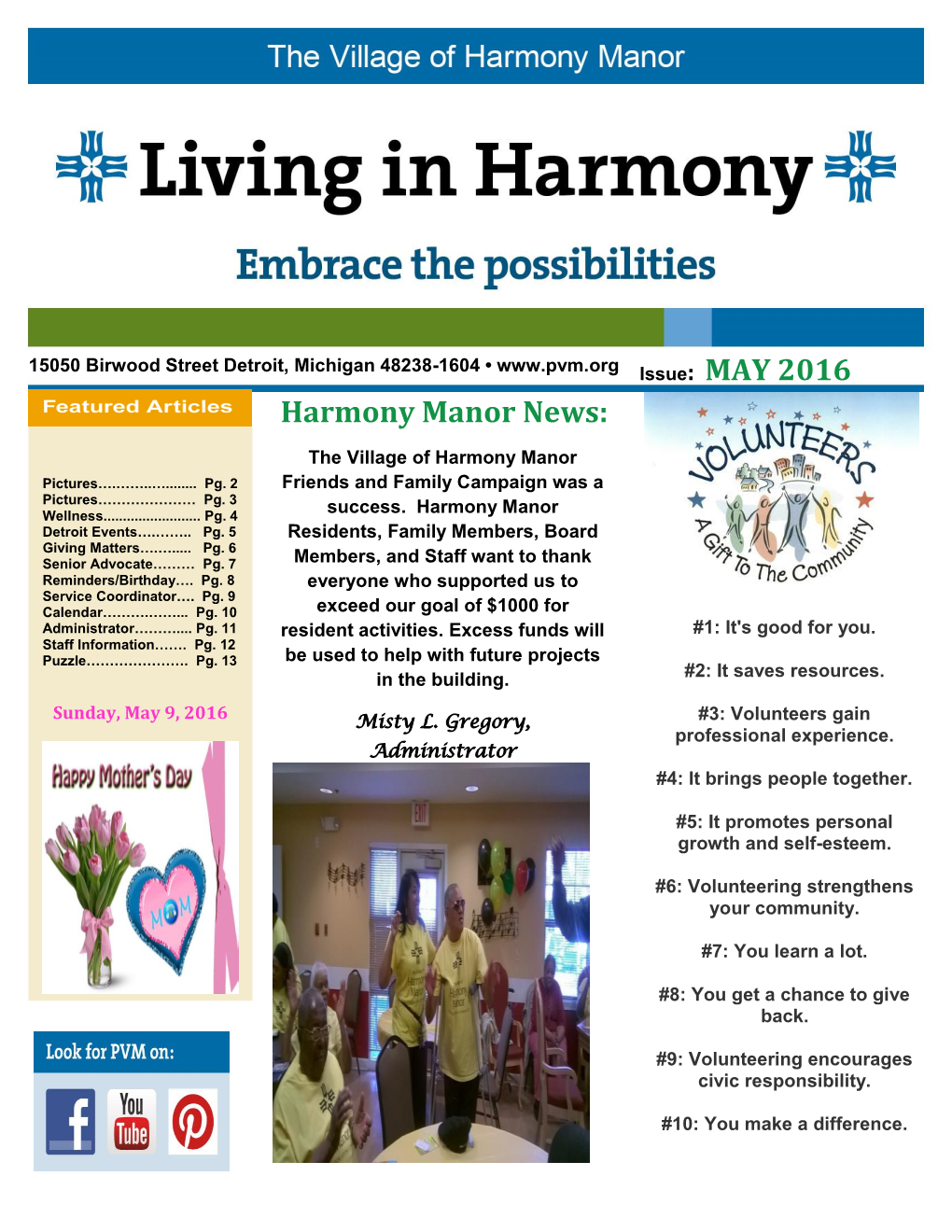 MAY 2016 Harmony Manor News