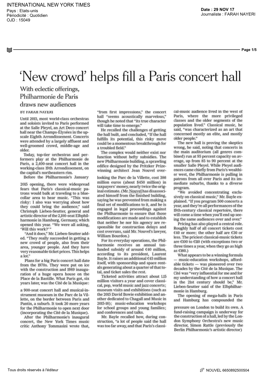 'New Crowct Helps Fill a Paris Concert Hall