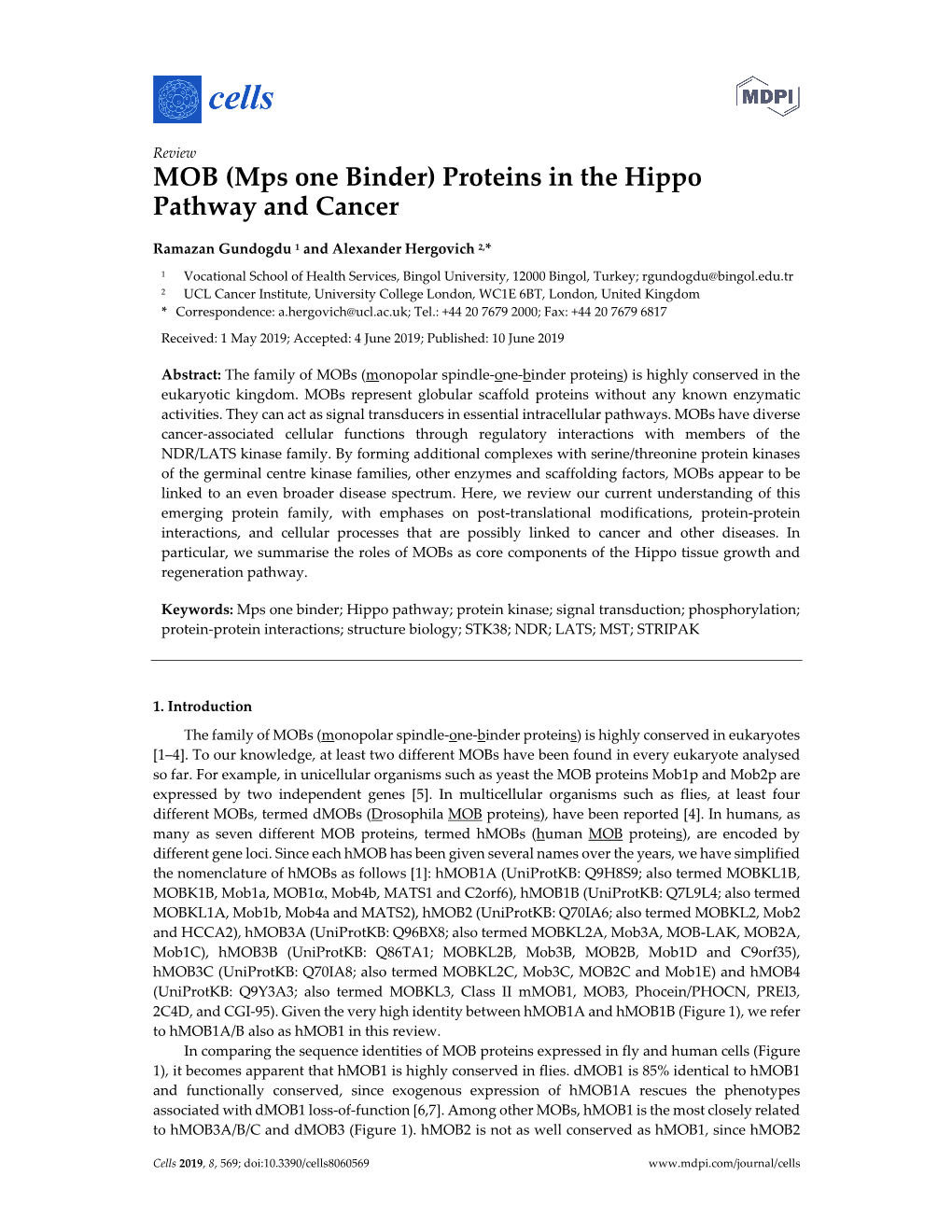 MOB (Mps One Binder) Proteins in the Hippo Pathway and Cancer