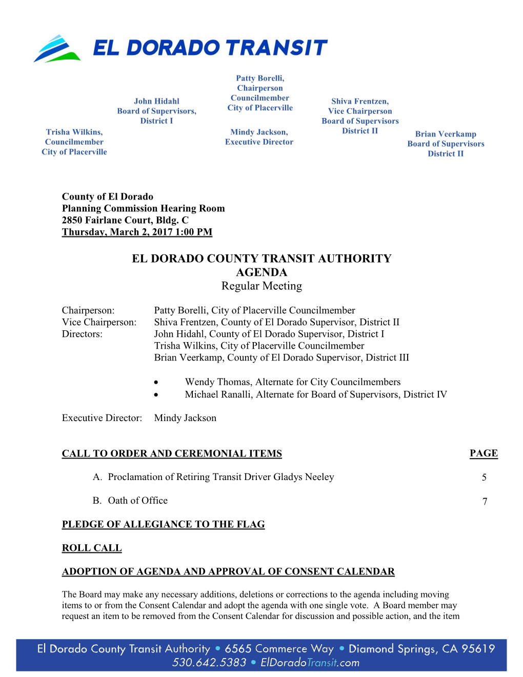 EL DORADO COUNTY TRANSIT AUTHORITY AGENDA Regular Meeting