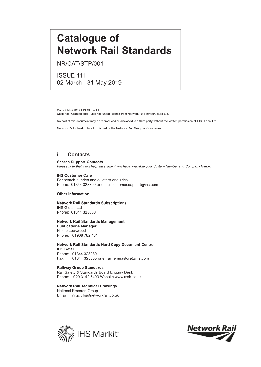 Catalogue of Network Rail Standards NR/CAT/STP/001 ISSUE 111 02 March - 31 May 2019