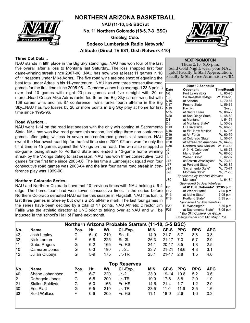 NORTHERN ARIZONA BASKETBALL NAU (11-10, 5-5 BSC) at No