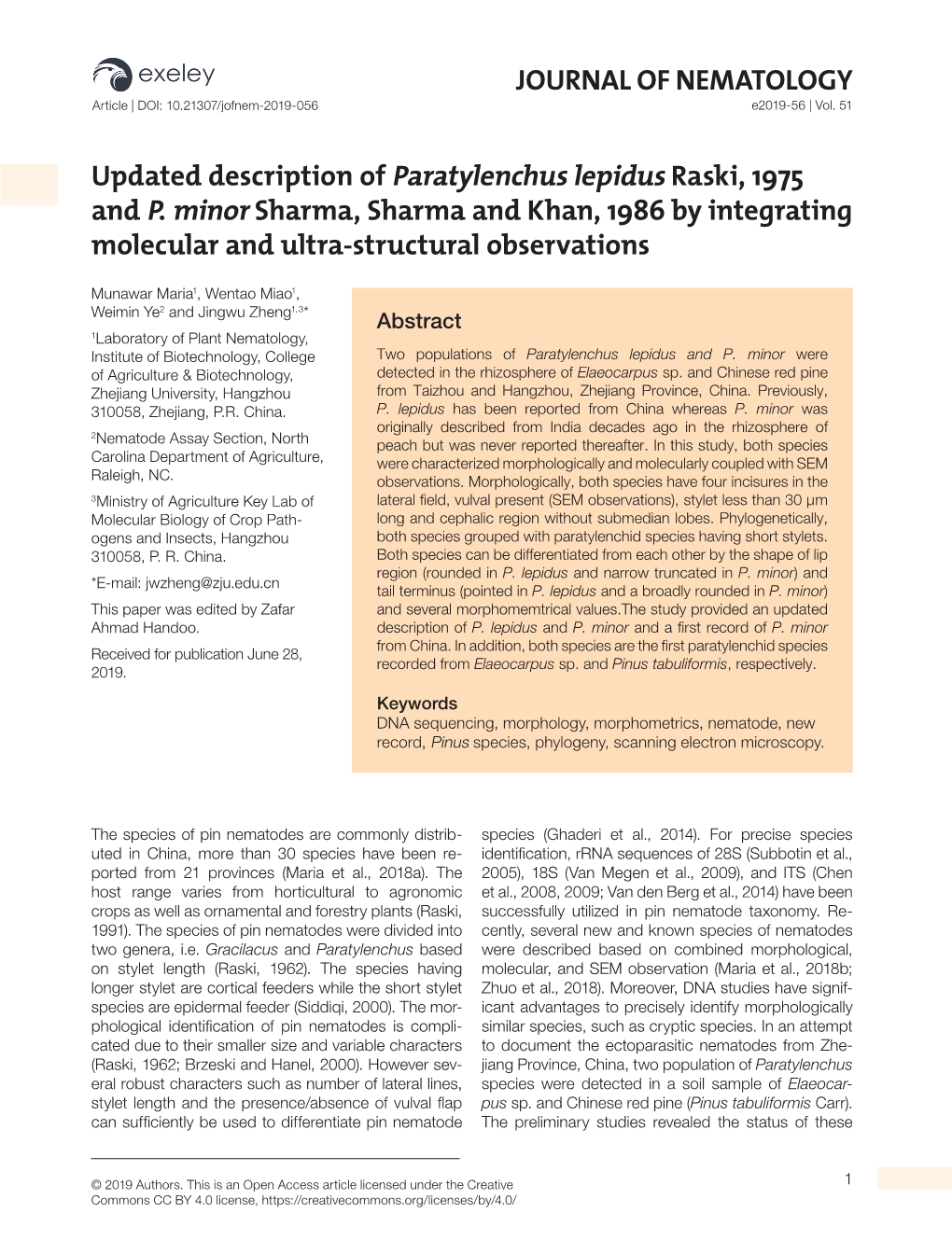 JOURNAL of NEMATOLOGY Article | DOI: 10.21307/Jofnem-2019-056 E2019-56 | Vol