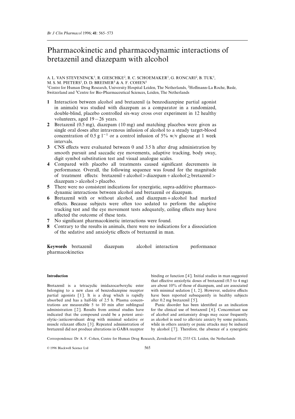 Pharmacokinetic and Pharmacodynamic Interactions of Bretazenil and Diazepam with Alcohol