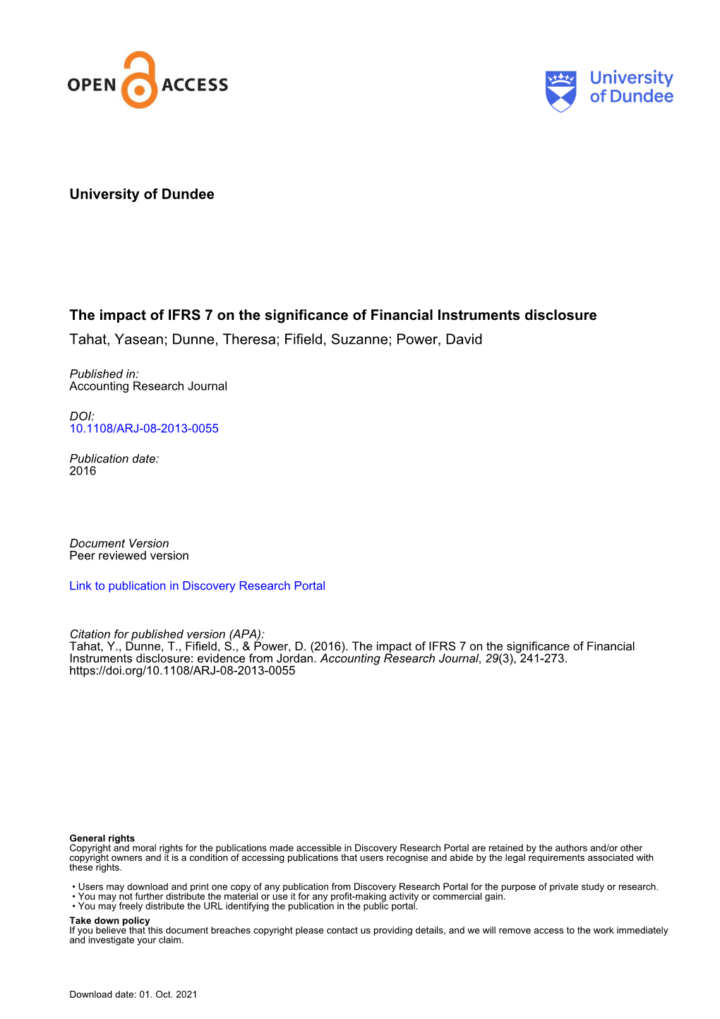 University of Dundee the Impact of IFRS 7 on the Significance Of
