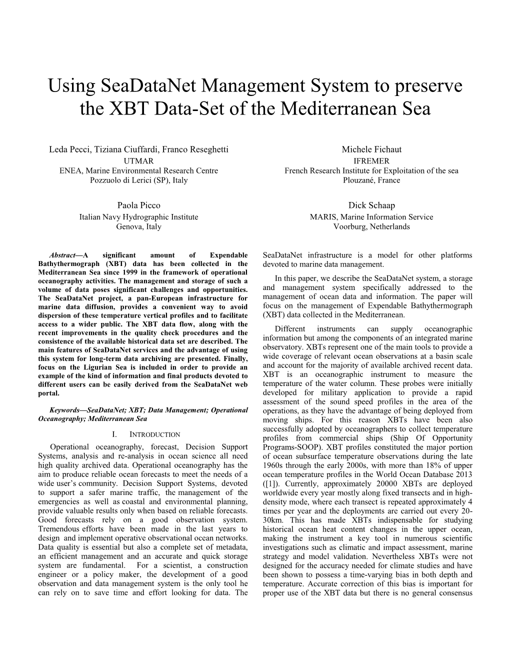 Using Seadatanet Management System to Preserve the XBT Data-Set of the Mediterranean Sea