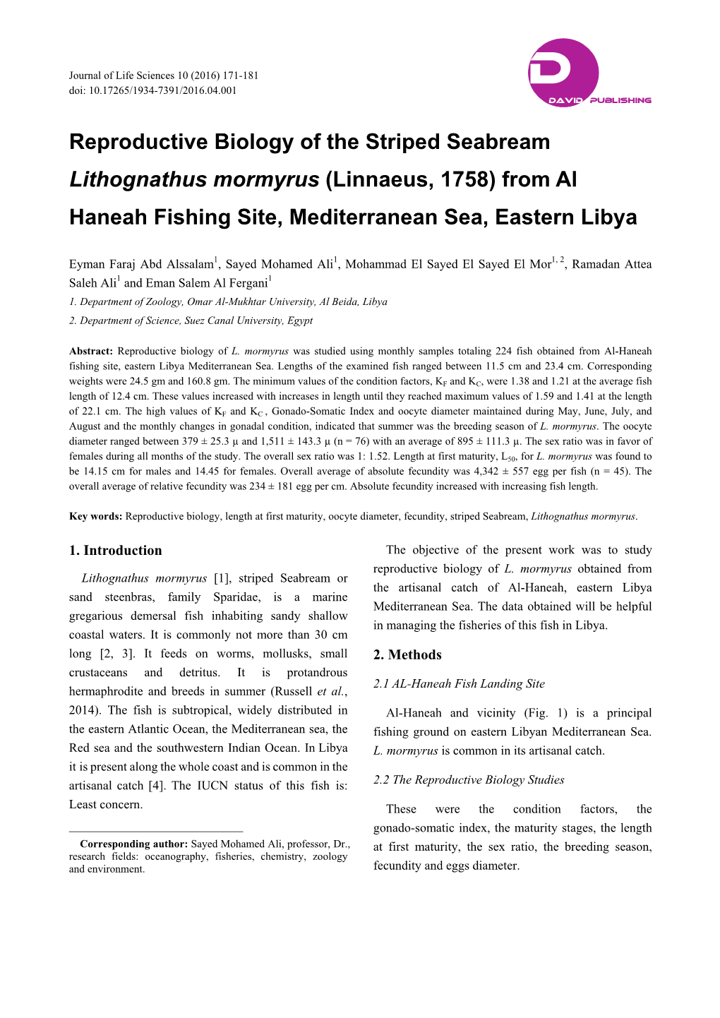 Reproductive Biology of the Striped Seabream Lithognathus Mormyrus (Linnaeus, 1758) from Al Haneah Fishing Site, Mediterranean Sea, Eastern Libya