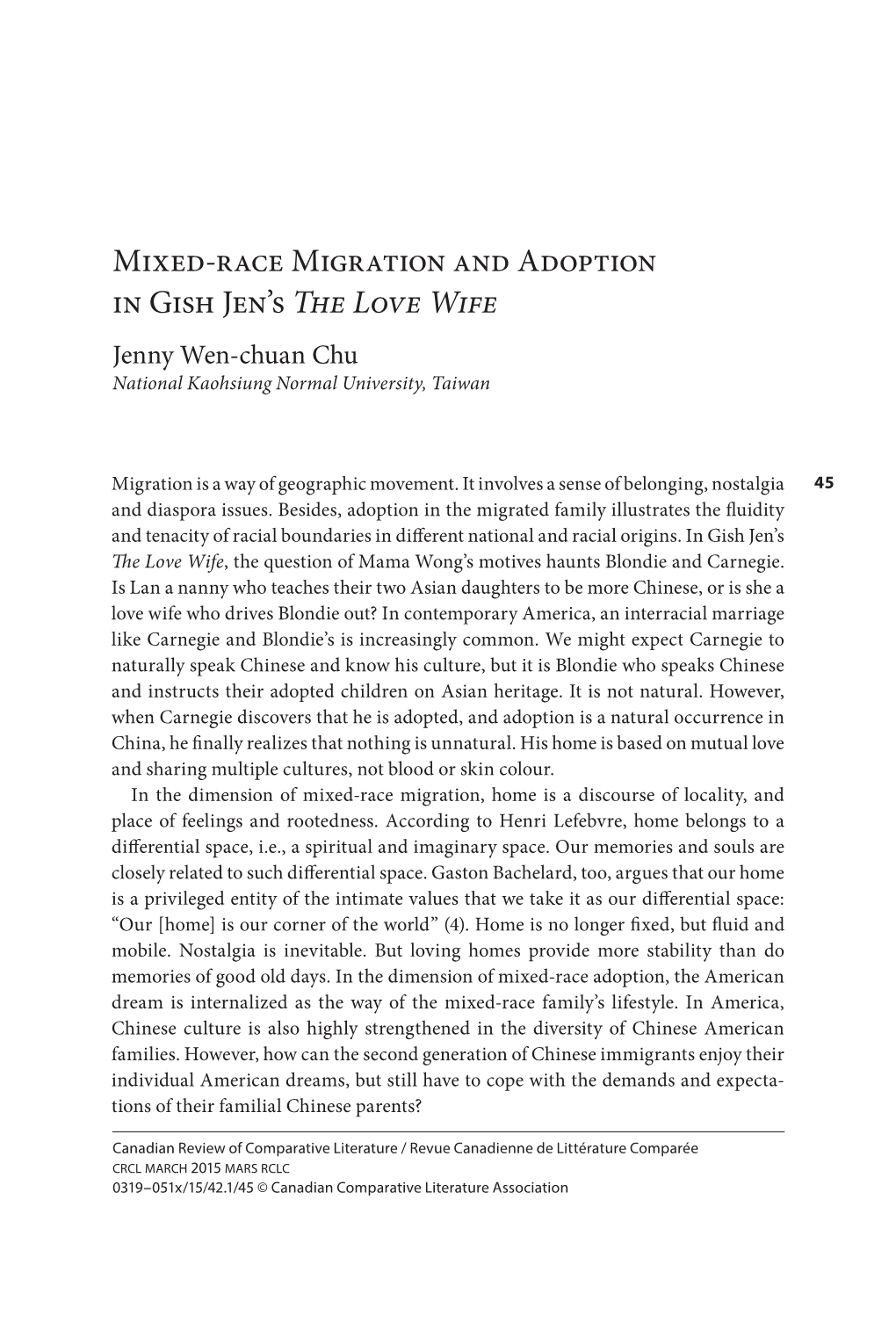 Mixed-Race Migration and Adoption in Gish Jen's the Love Wife