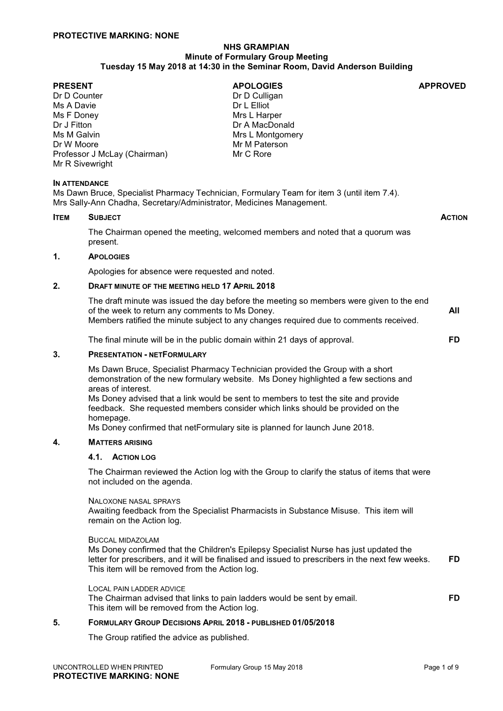 Minute of Formulary Group Meeting Held N Tuesday 15 May 2018