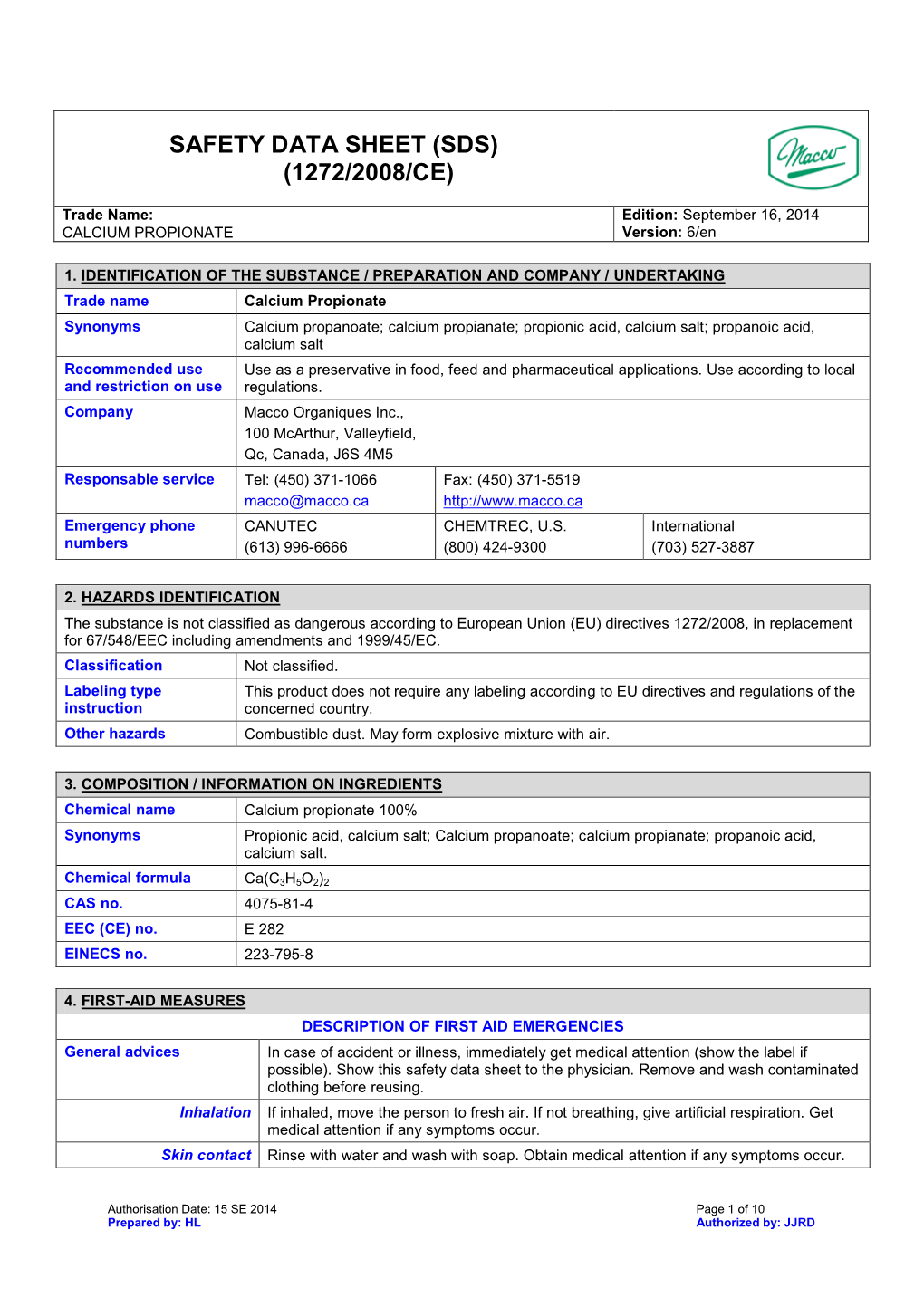 Calcium Propionate SDS Macco