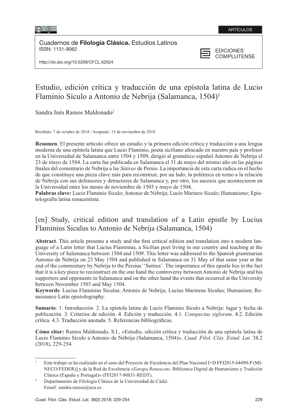 Estudio, Edición Crítica Y Traducción De Una Epístola Latina De Lucio Flaminio Sículo a Antonio De Nebrija (Salamanca, 1504)1