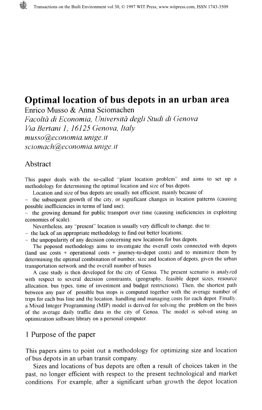 Optimal Location of Bus Depots in an Urban Area Enrico Musso & Anna