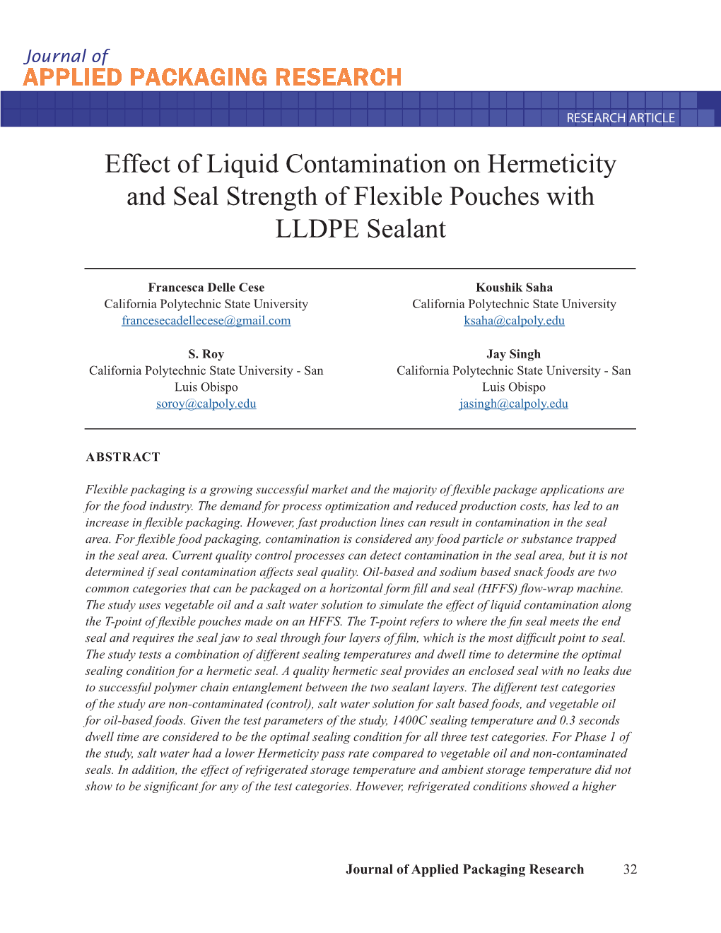 Effect of Liquid Contamination on Hermeticity and Seal Strength of Flexible Pouches with LLDPE Sealant PREFACE API 2015