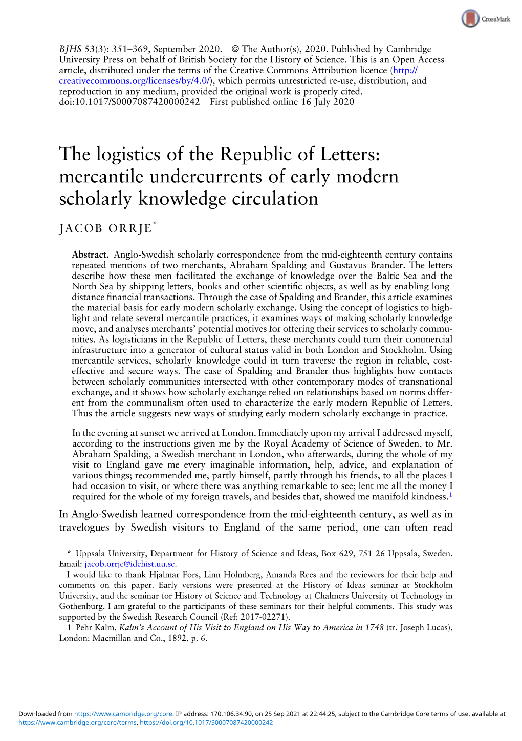 The Logistics of the Republic of Letters: Mercantile Undercurrents of Early Modern Scholarly Knowledge Circulation