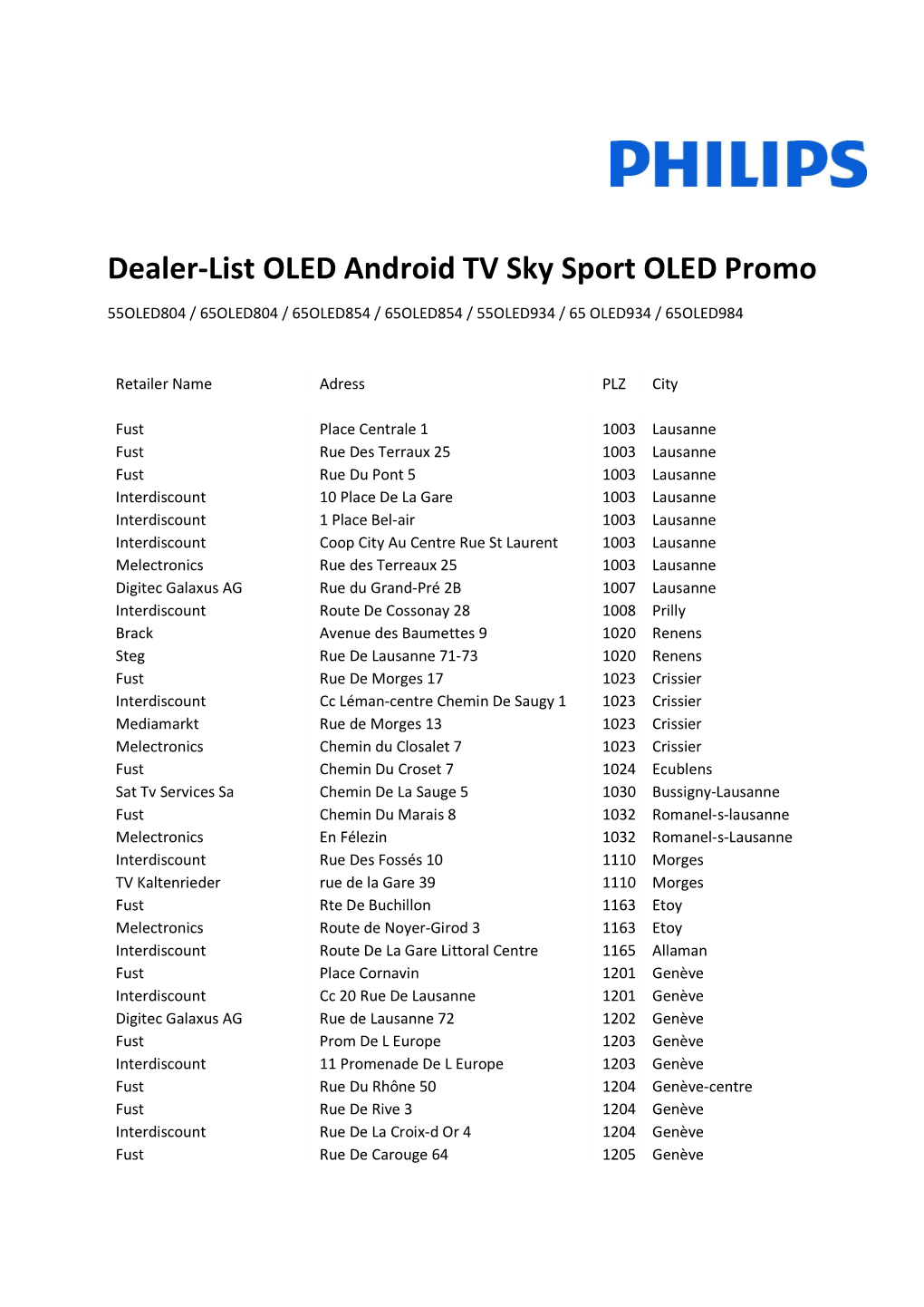 Dealer-List OLED Android TV Sky Sport OLED Promo
