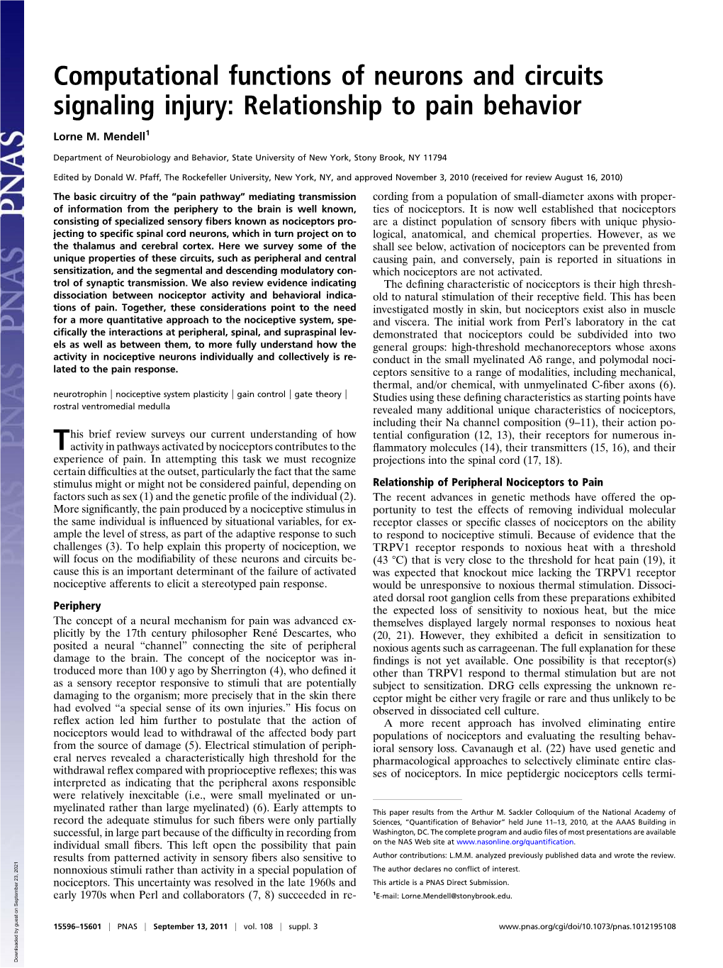 Computational Functions of Neurons and Circuits Signaling Injury: Relationship to Pain Behavior