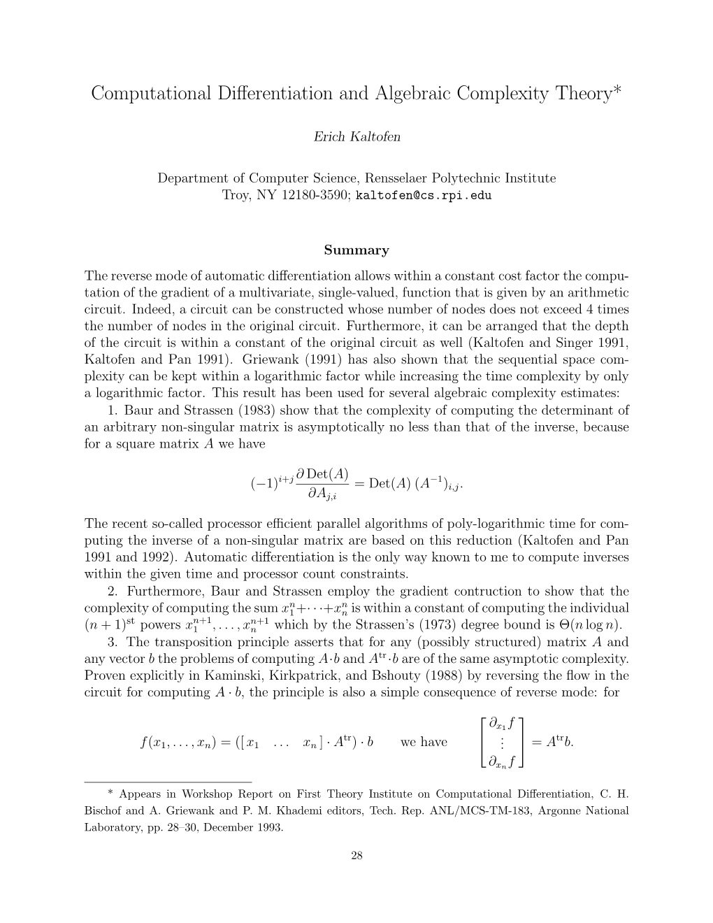 Computational Differentiation and Algebraic Complexity Theory*