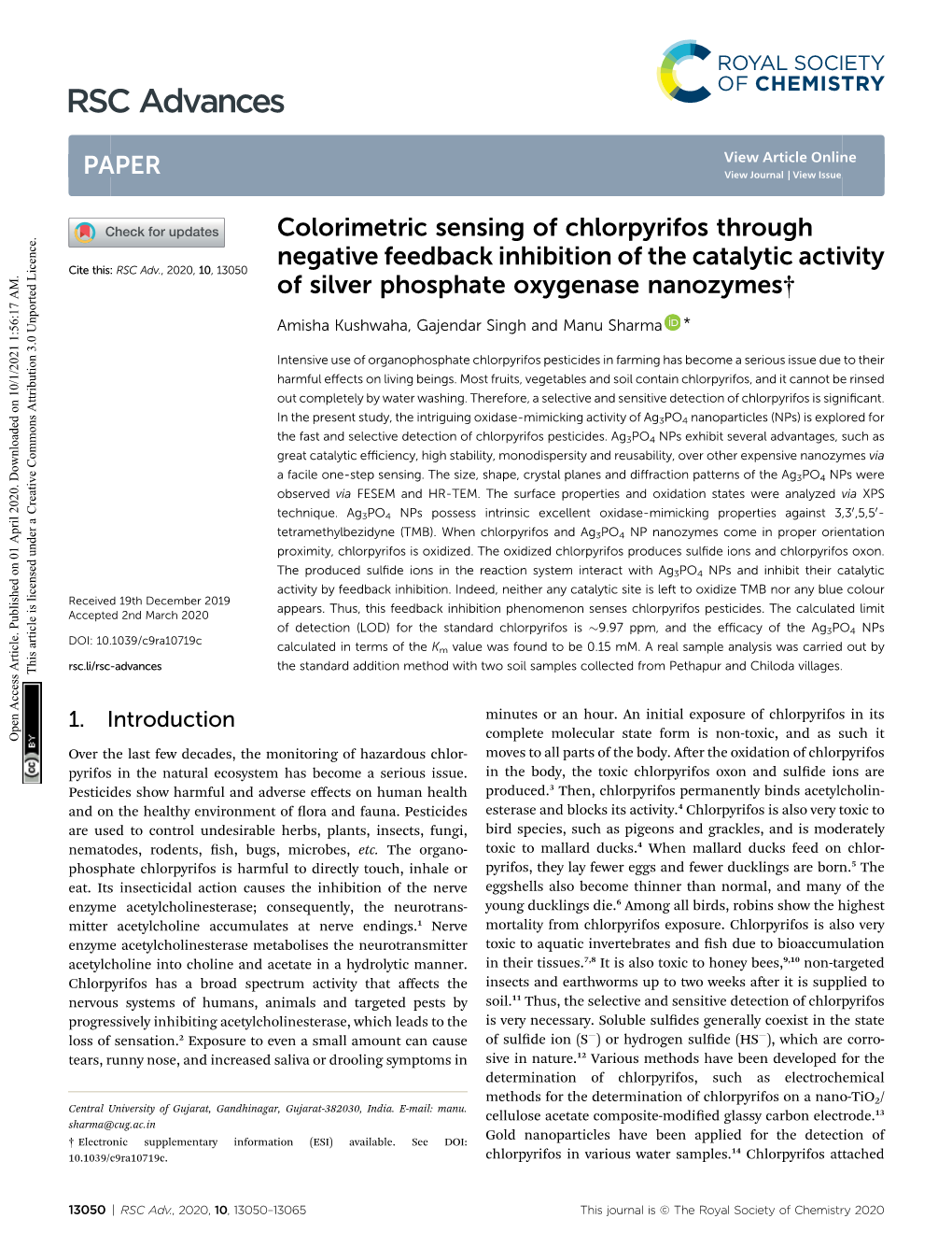 Colorimetric Sensing of Chlorpyrifos Through Negative Feedback