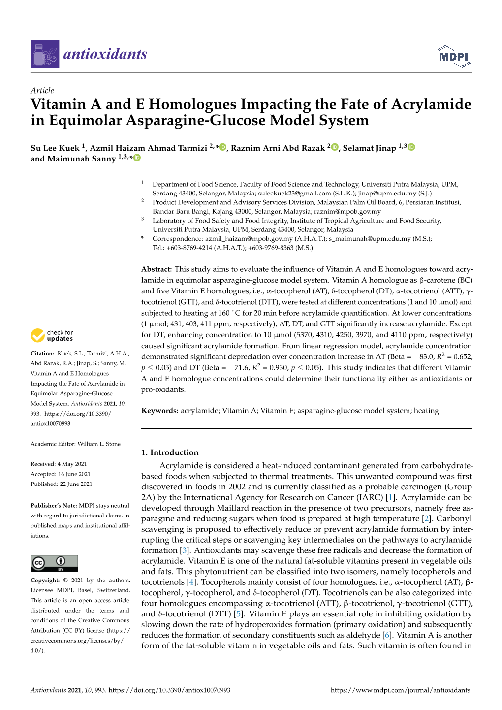 Vitamin a and E Homologues Impacting the Fate of Acrylamide in Equimolar Asparagine-Glucose Model System
