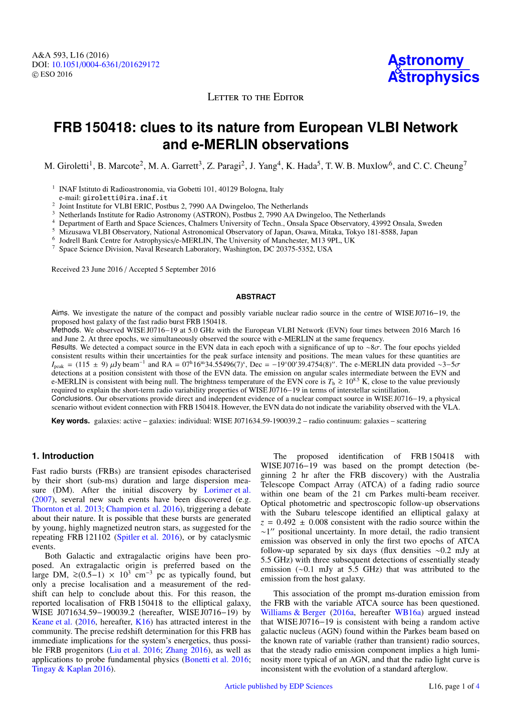 FRB 150418: Clues to Its Nature from European VLBI Network and E-MERLIN Observations M
