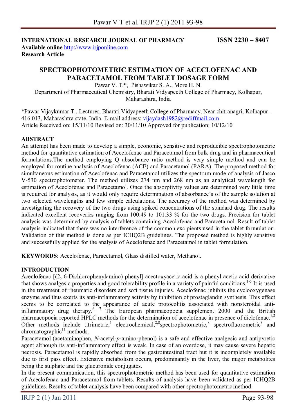 SPECTROPHOTOMETRIC ESTIMATION of ACECLOFENAC and PARACETAMOL from TABLET DOSAGE FORM Pawar V