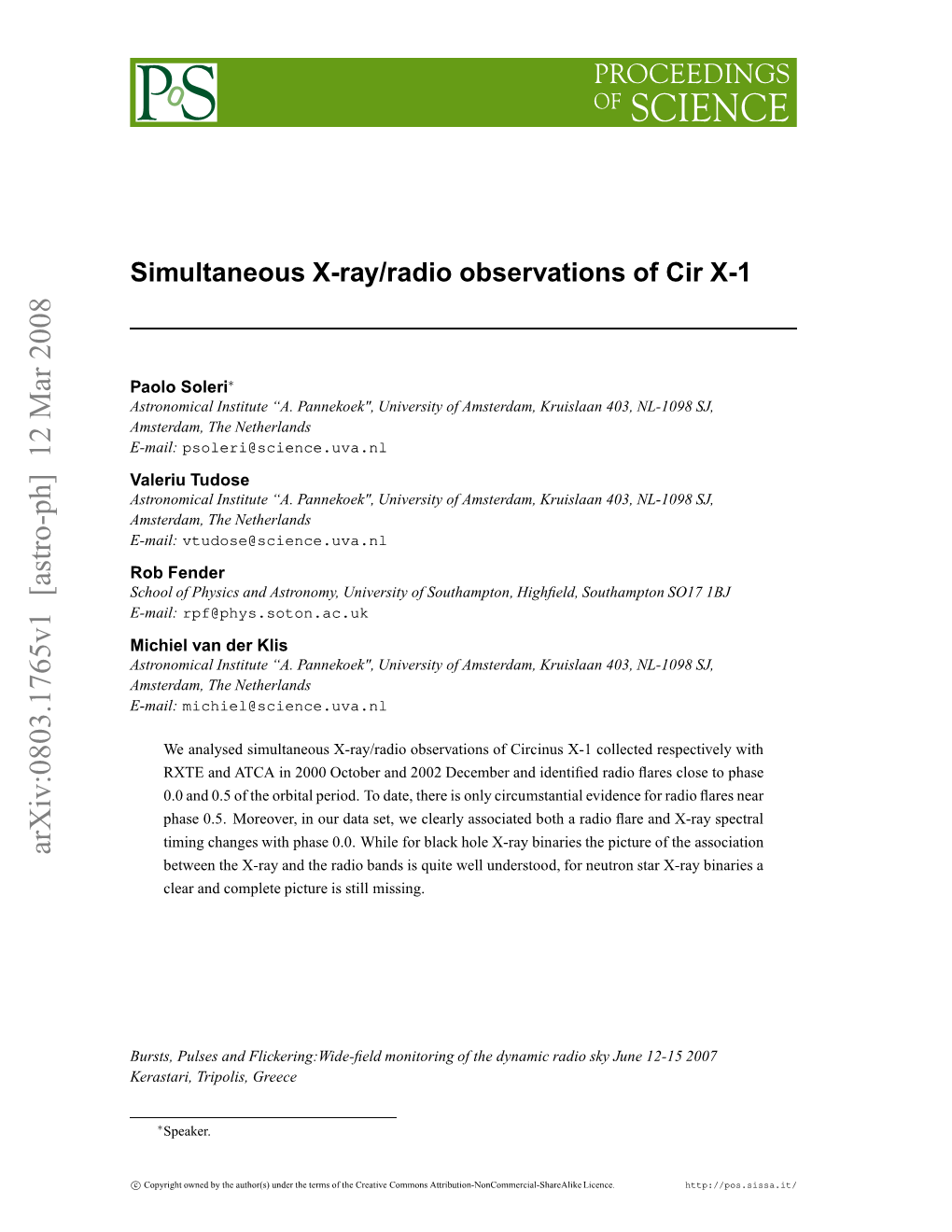 Simultaneous X-Ray/Radio Observations of Cir X-1 Paolo Soleri