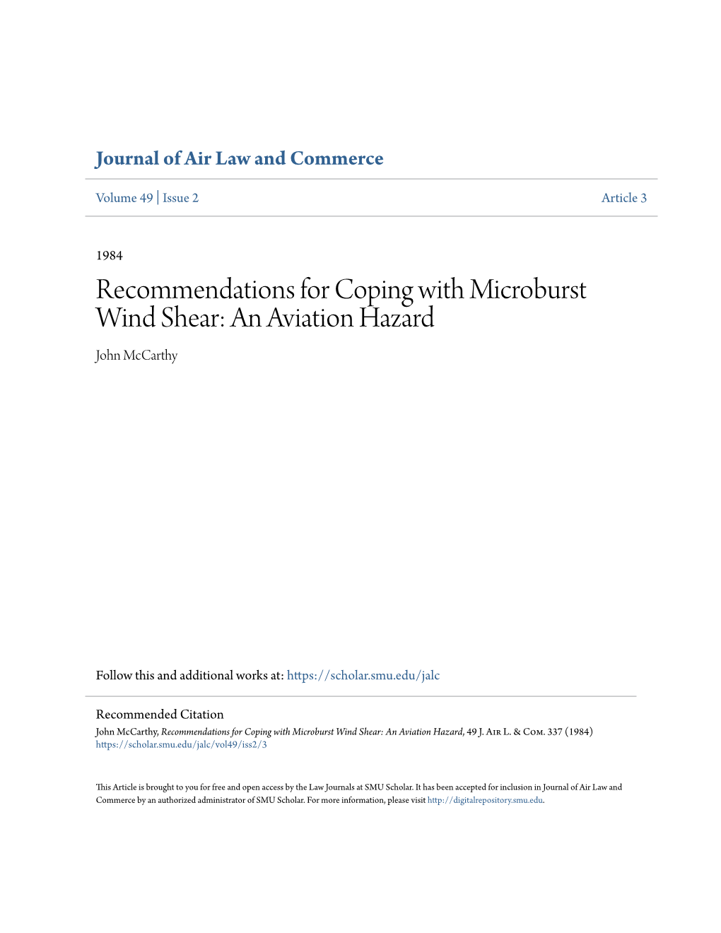 Recommendations for Coping with Microburst Wind Shear: an Aviation Hazard John Mccarthy