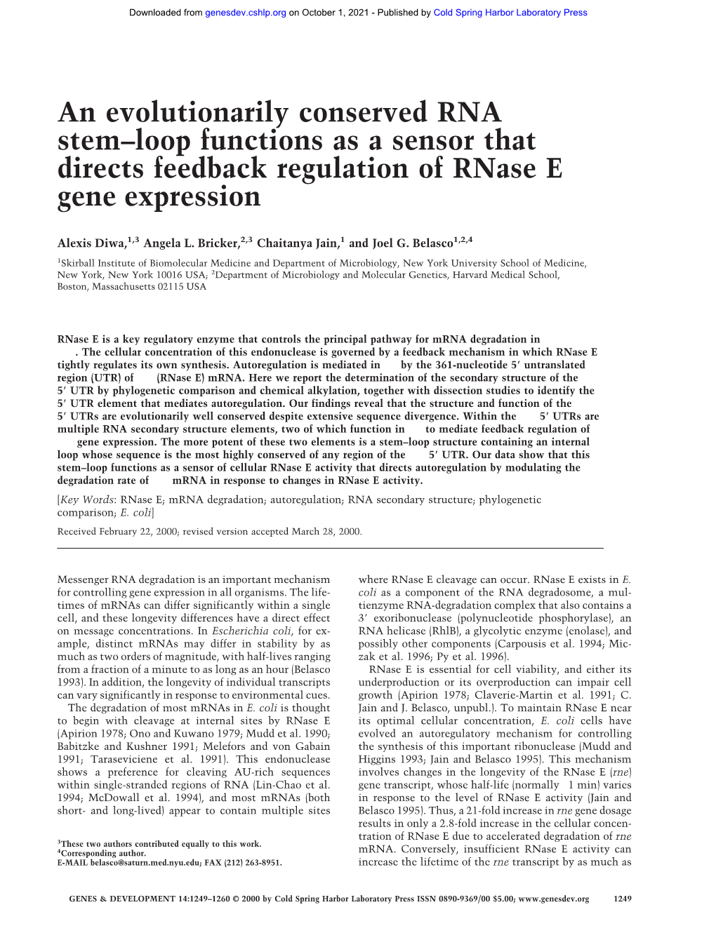 An Evolutionarily Conserved RNA Stem–Loop Functions As a Sensor That Directs Feedback Regulation of Rnase E Gene Expression