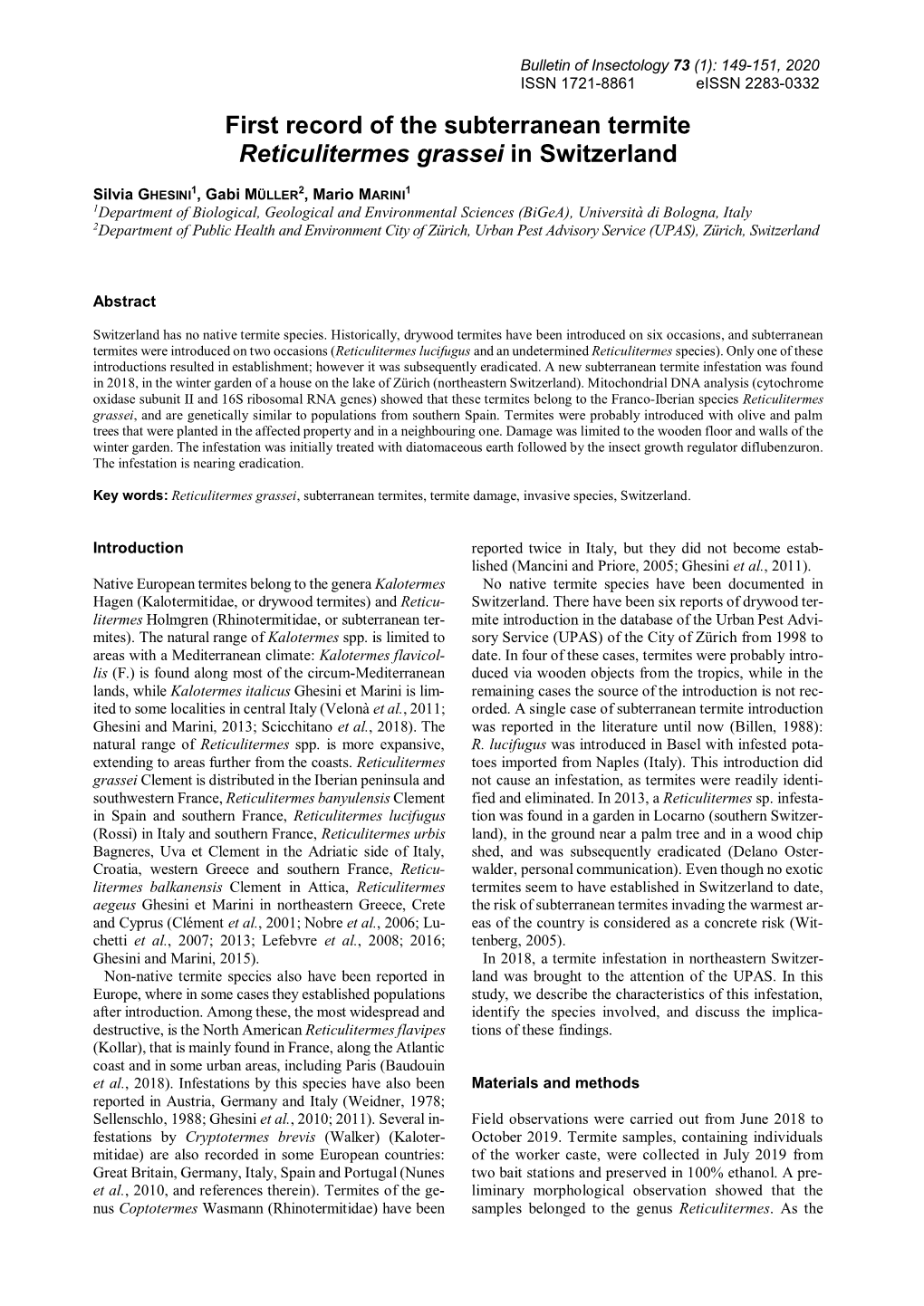 First Record of the Subterranean Termite Reticulitermes Grassei in Switzerland