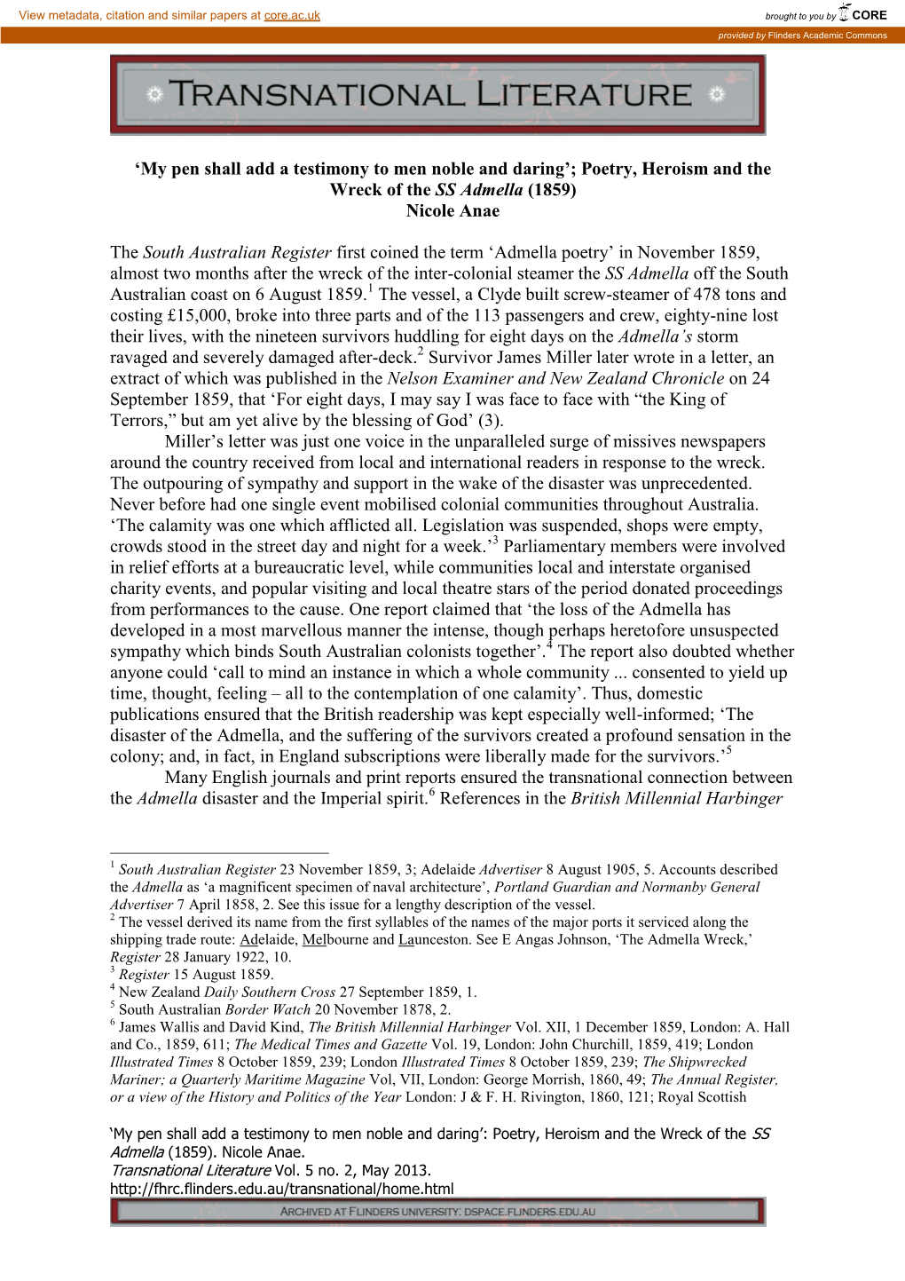 My Pen Shall Add a Testimony to Men Noble and Daring’; Poetry, Heroism and the Wreck of the SS Admella (1859) Nicole Anae