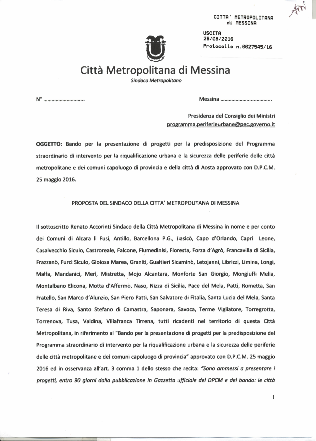 Proposta Del Sindaco Metropolitano Per