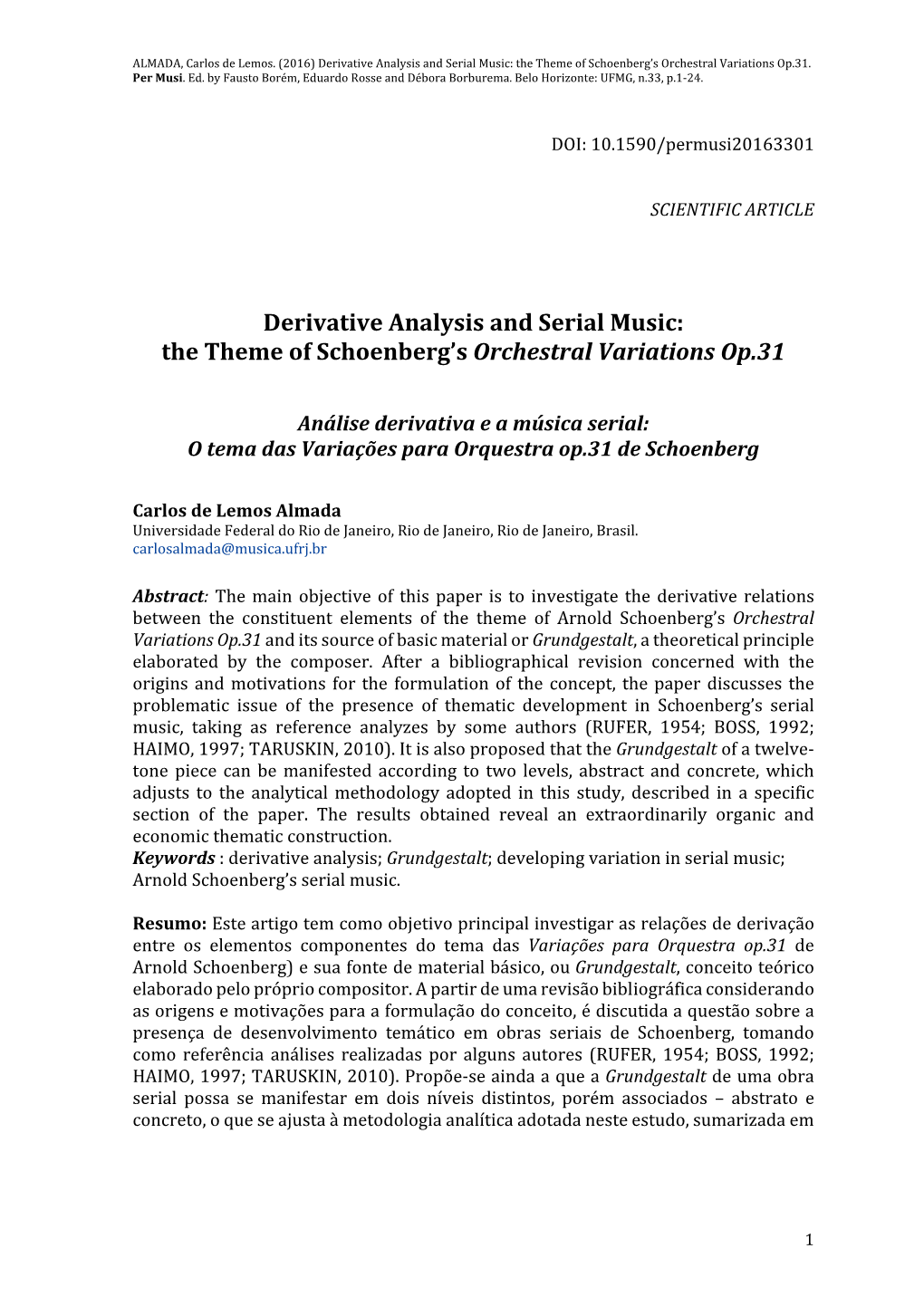 Derivative Analysis and Serial Music: the Theme of Schoenberg's