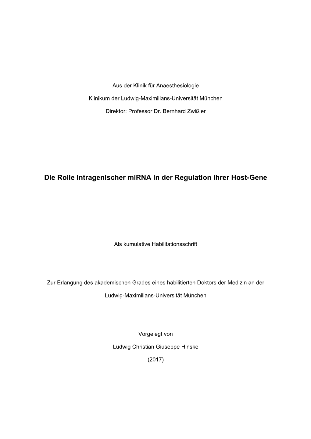 Die Rolle Intragenischer Mirna in Der Regulation Ihrer Host-Gene