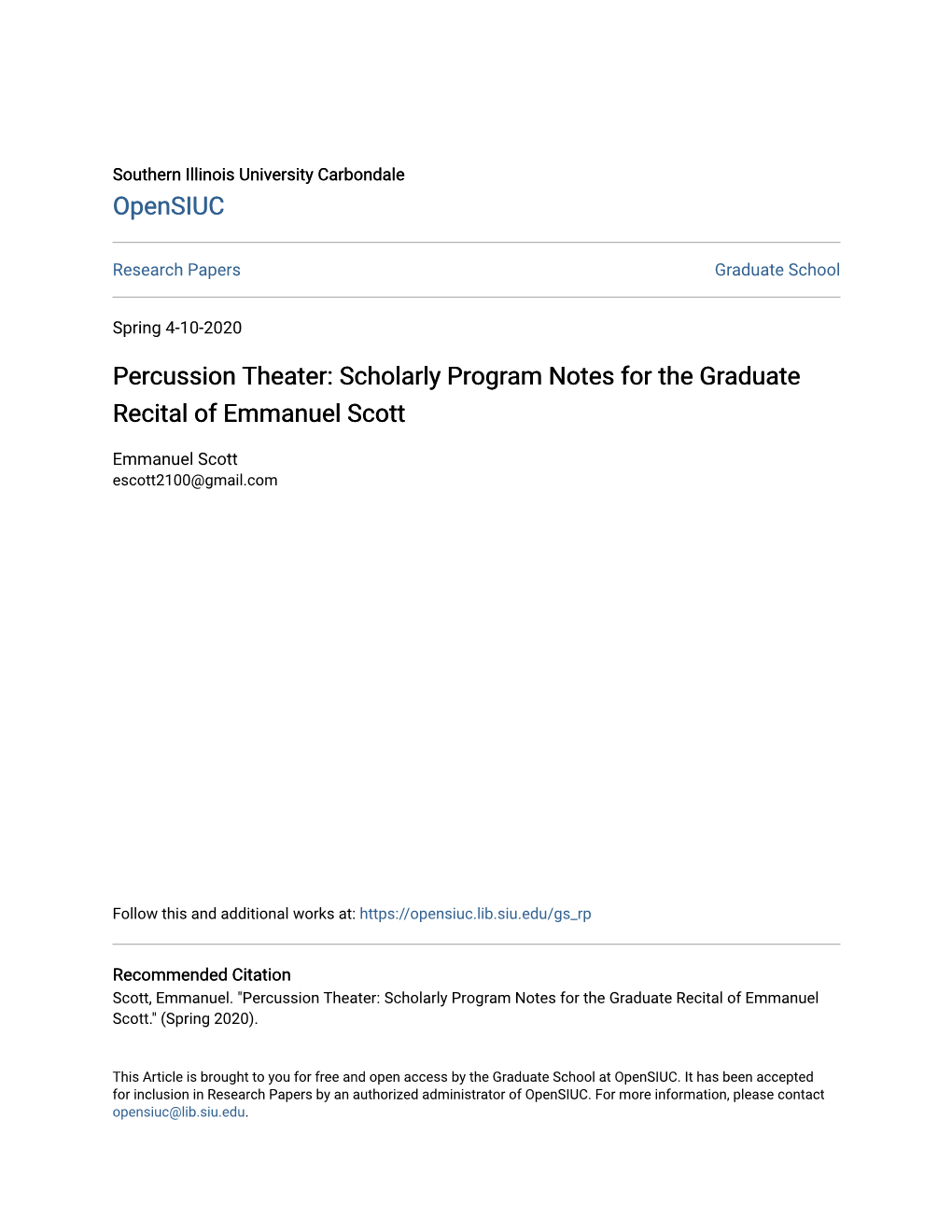 Percussion Theater: Scholarly Program Notes for the Graduate Recital of Emmanuel Scott