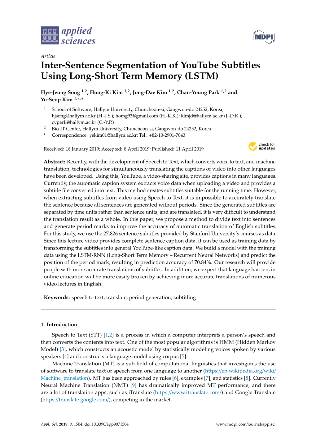 Inter-Sentence Segmentation of Youtube Subtitles Using Long-Short Term Memory (LSTM)