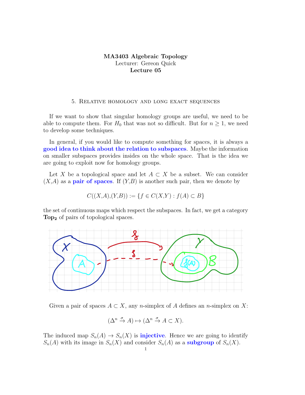 MA3403 Algebraic Topology Lecturer: Gereon Quick Lecture 05 5. Relative Homology and Long Exact Sequences If We Want to Show