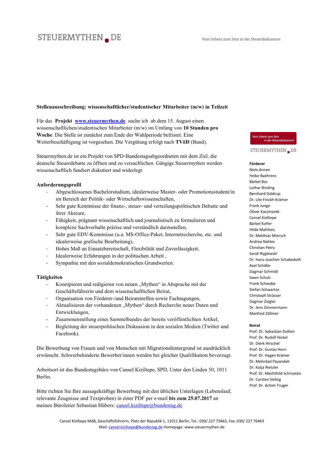 Stellenausschreibung: Wissenschaftlicher/Studentischer Mitarbeiter (M/W) in Teilzeit