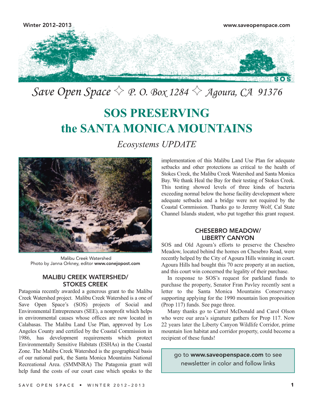 SOS PRESERVING the SANTA MONICA MOUNTAINS Ecosystems UPDATE